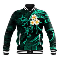 Personalised Kahoolawe Hawaii Baseball Jacket Polynesian Tattoo and Pacific Plumeria Turquoise Vibe LT9 Unisex Turquoise - Polynesian Pride