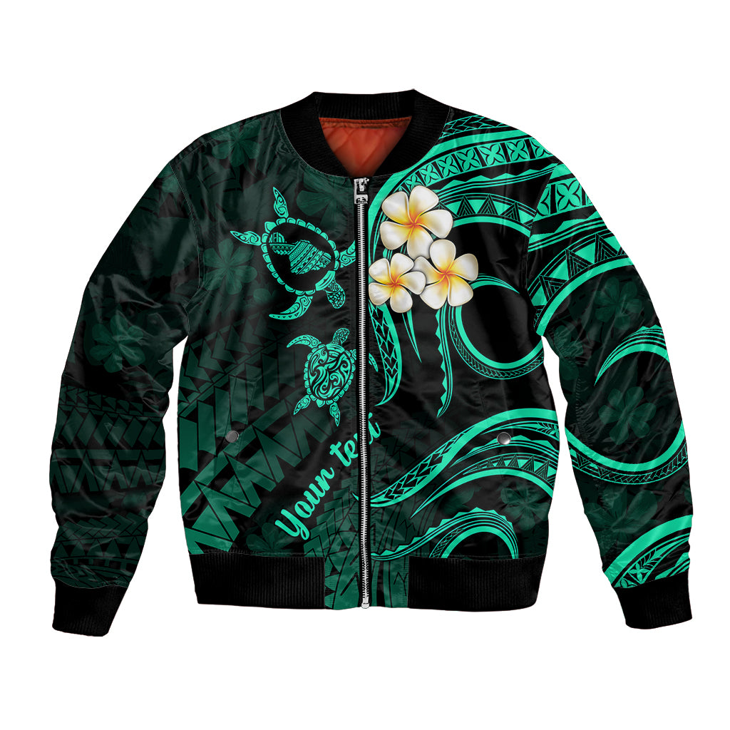 Personalised Maui Hawaii Bomber Jacket Polynesian Tattoo and Pacific Plumeria Turquoise Vibe LT9 Unisex Turquoise - Polynesian Pride