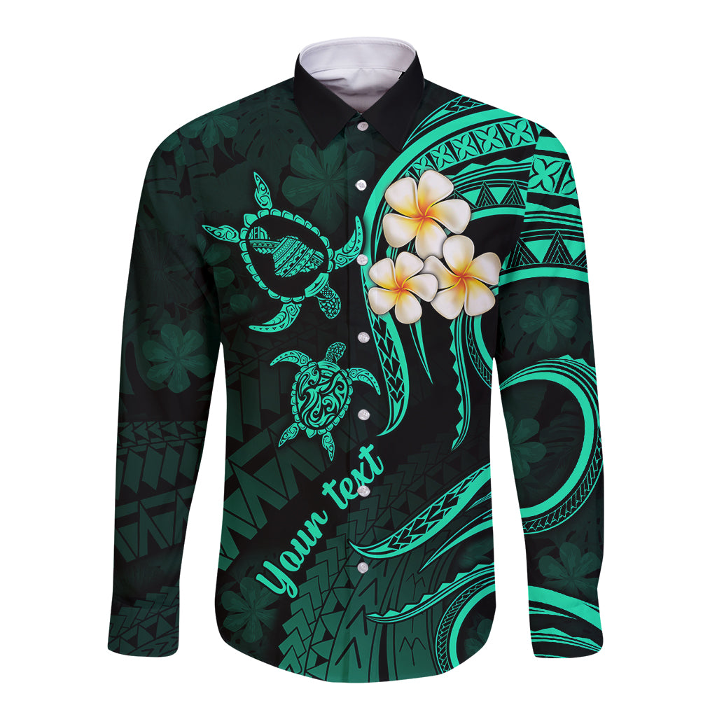 Personalised Maui Hawaii Long Sleeve Button Shirt Polynesian Tattoo and Pacific Plumeria Turquoise Vibe LT9 Unisex Turquoise - Polynesian Pride