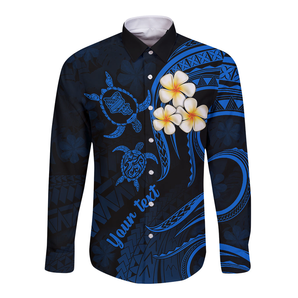Personalised Oahu Hawaii Long Sleeve Button Shirt Polynesian Tattoo and Pacific Plumeria Blue Vibe LT9 Unisex Blue - Polynesian Pride