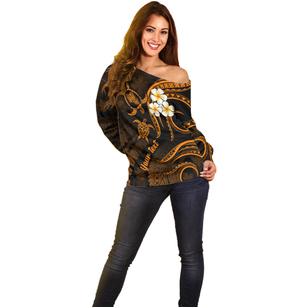 Personalised Oahu Hawaii Off Shoulder Sweater Polynesian Tattoo and Pacific Plumeria Gold Vibe LT9 - Polynesian Pride