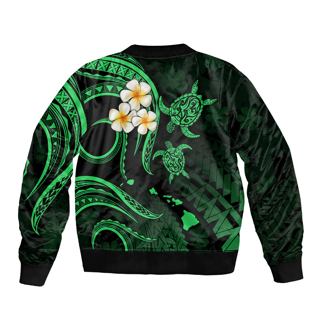 Personalised Oahu Hawaii Sleeve Zip Bomber Jacket Polynesian Tattoo and Pacific Plumeria Green Vibe LT9 - Polynesian Pride