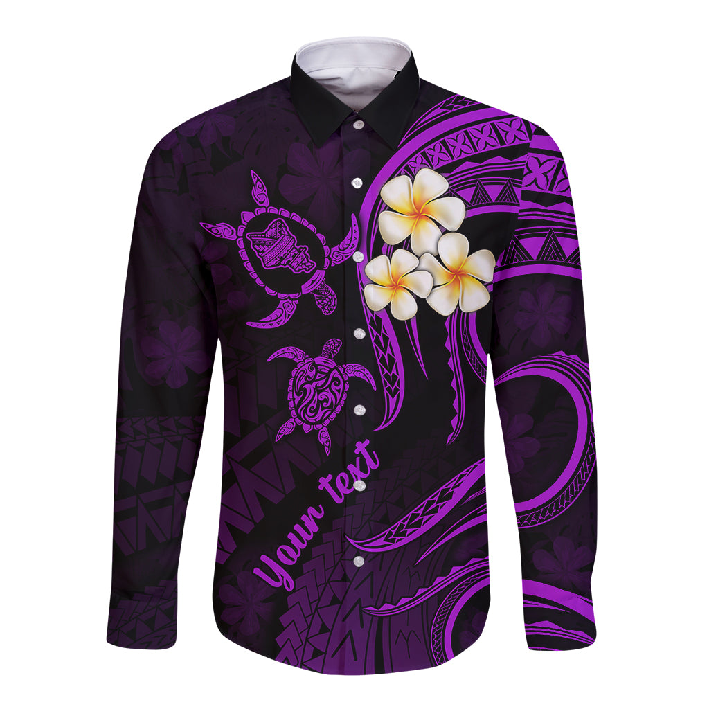 Personalised Oahu Hawaii Long Sleeve Button Shirt Polynesian Tattoo and Pacific Plumeria Purple Vibe LT9 Unisex Purple - Polynesian Pride