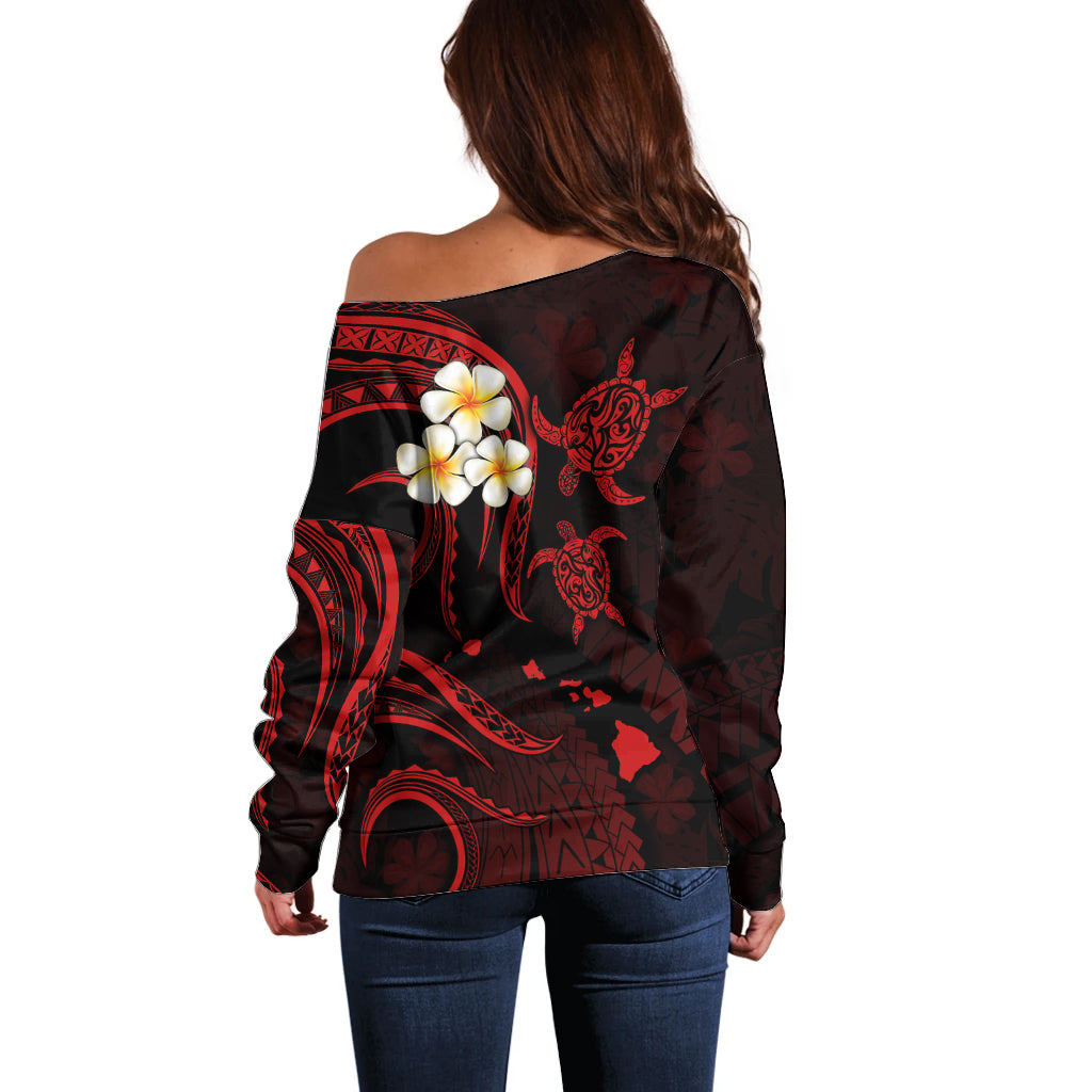 Personalised Oahu Hawaii Off Shoulder Sweater Polynesian Tattoo and Pacific Plumeria Red Vibe LT9 - Polynesian Pride
