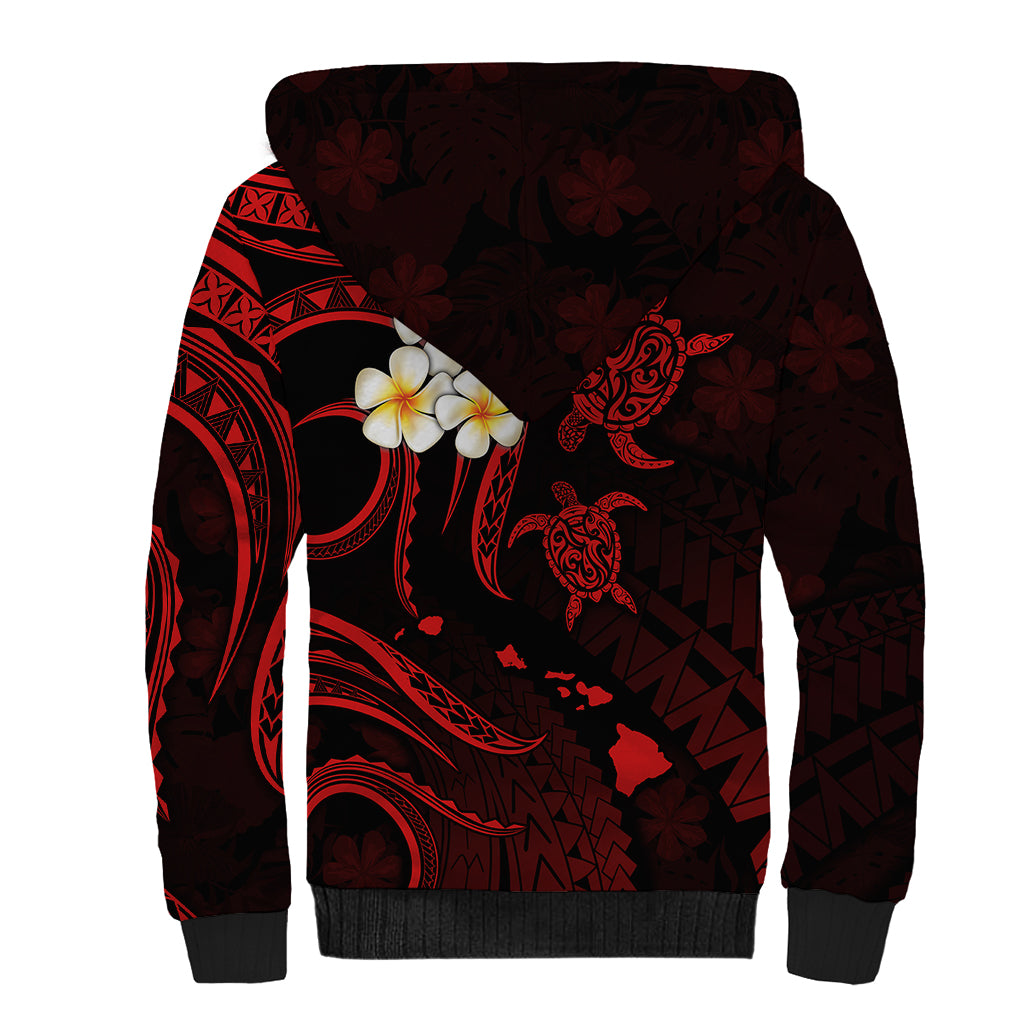 Personalised Oahu Hawaii Sherpa Hoodie Polynesian Tattoo and Pacific Plumeria Red Vibe LT9 - Polynesian Pride
