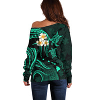 Personalised Oahu Hawaii Off Shoulder Sweater Polynesian Tattoo and Pacific Plumeria Turquoise Vibe LT9 - Polynesian Pride