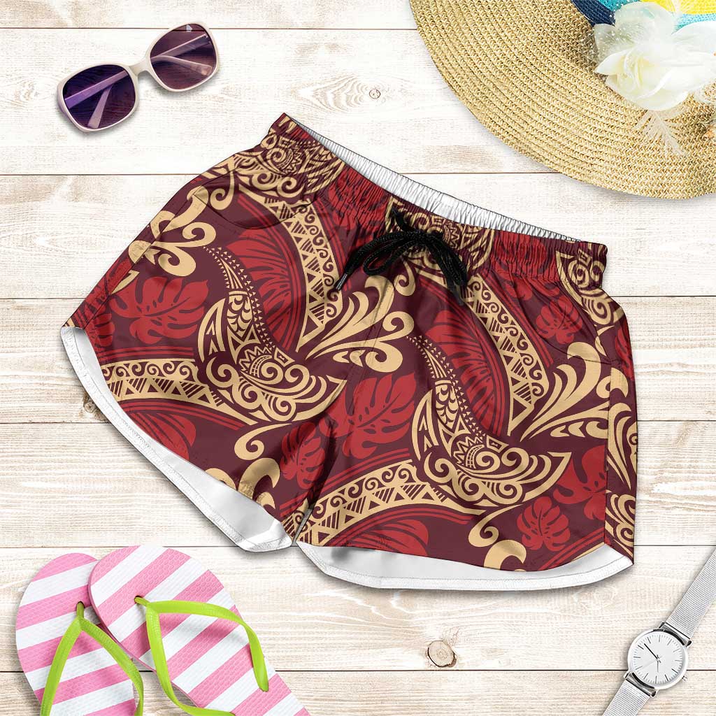 Luxury Red Monstera Shorts for Women Polynesian Tribal Pattern LT01 Red - Polynesian Pride