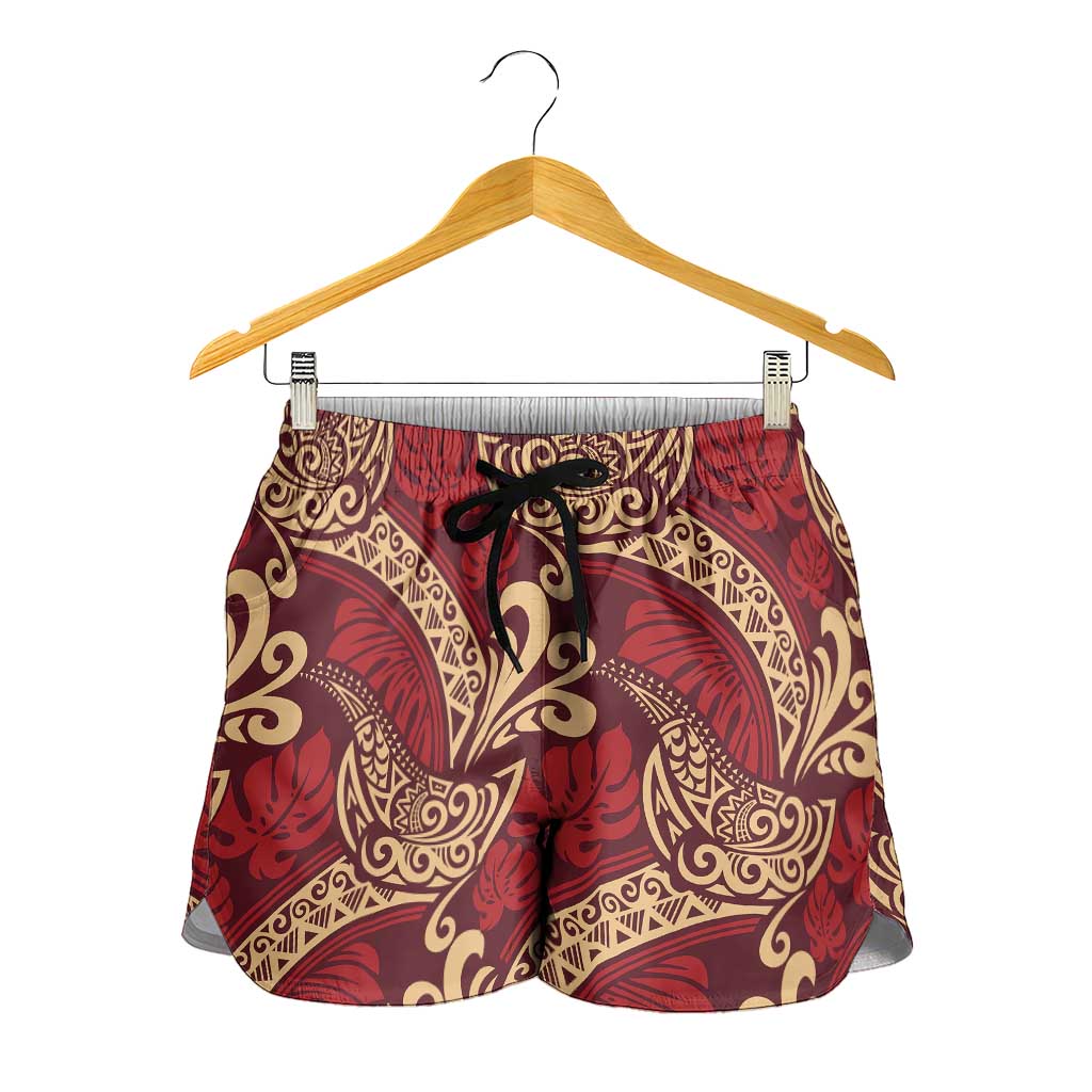 Luxury Red Monstera Shorts for Women Polynesian Tribal Pattern - Polynesian Pride