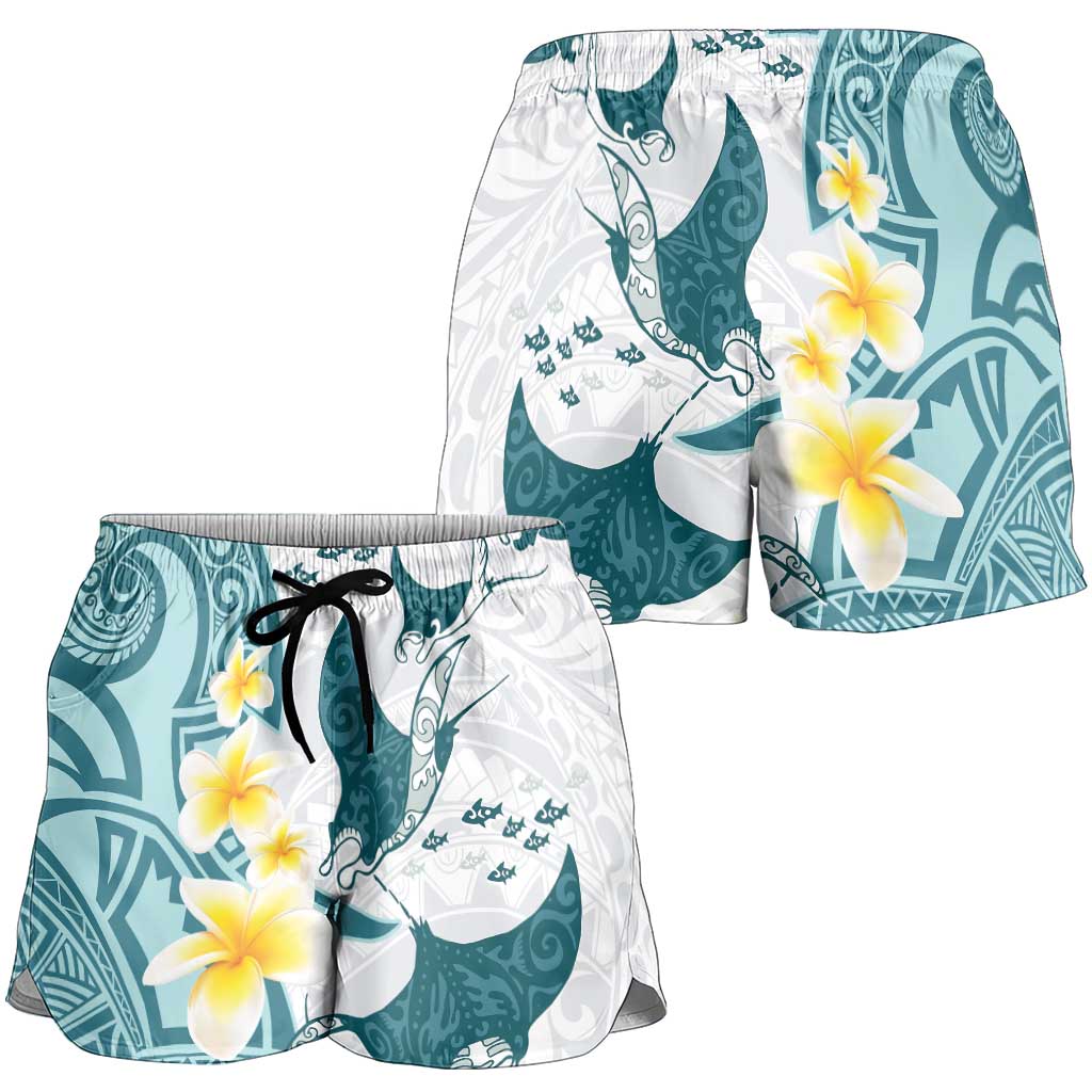 Maori Manta Ray Plumeria Teal Shorts for Women LT01 - Polynesian Pride