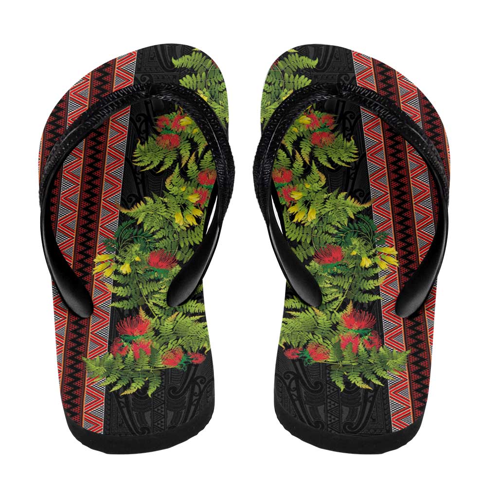 Maori Tukutuku Flip Flops with Ferns Pohutukawa and Kowhai Tribal Moko Patterns LT03 - Polynesian Pride