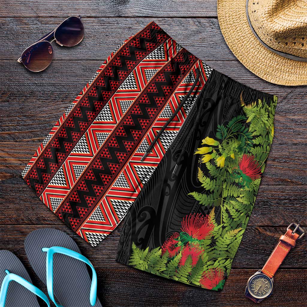 Maori Tukutuku Shorts for Men with Ferns Pohutukawa and Kowhai Tribal Moko Patterns LT03 Multicolor - Polynesian Pride