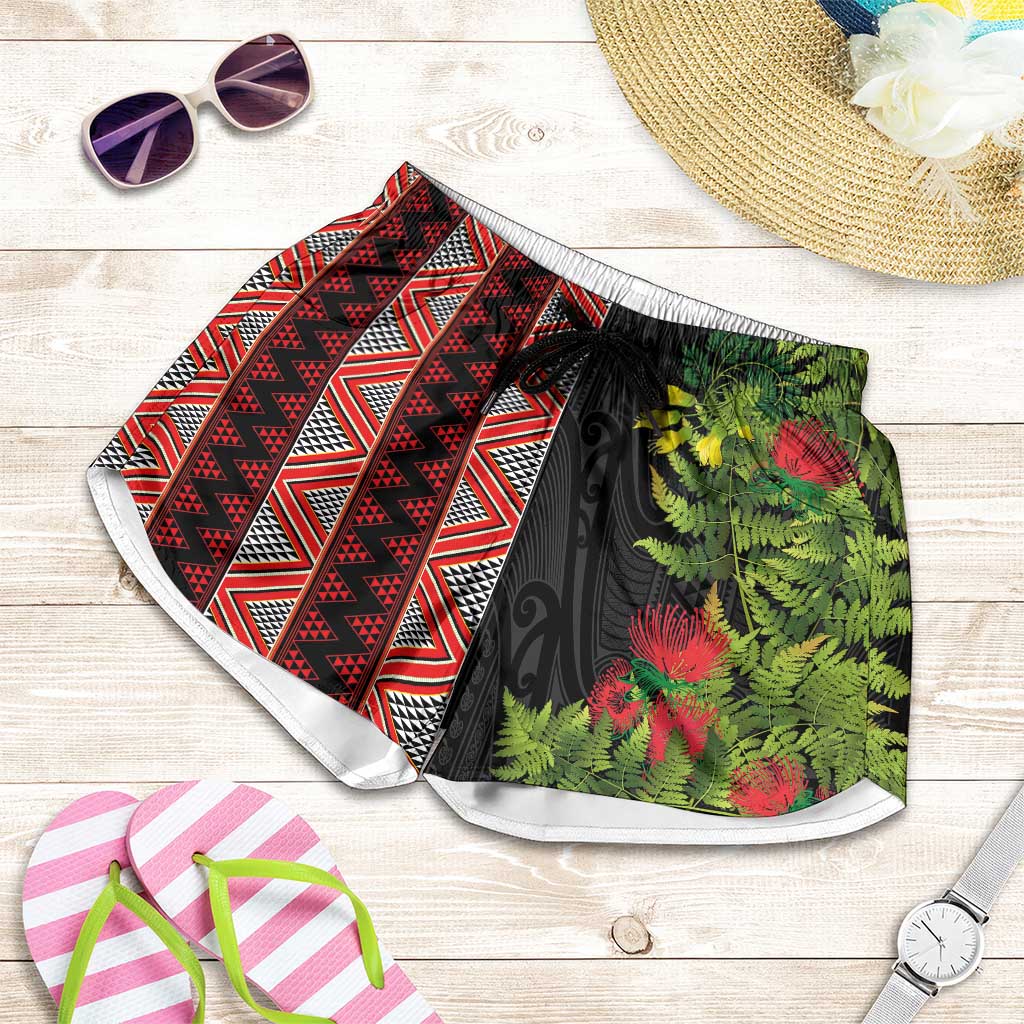 Maori Tukutuku Shorts for Women with Ferns Pohutukawa and Kowhai Tribal Moko Patterns LT03 Multicolor - Polynesian Pride
