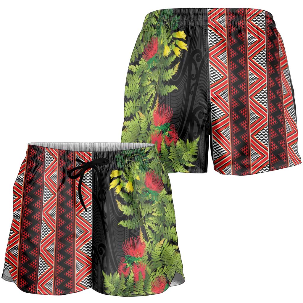 Maori Tukutuku Shorts for Women with Ferns Pohutukawa and Kowhai Tribal Moko Patterns LT03 - Polynesian Pride