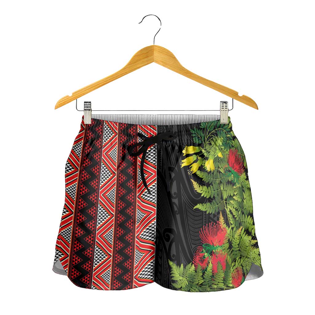 Maori Tukutuku Shorts for Women with Ferns Pohutukawa and Kowhai Tribal Moko Patterns LT03 - Polynesian Pride