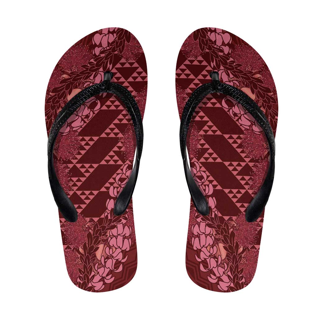 Maroon Aloha Hawaii Flip Flops Hawaiian Kakau Ohia Lehua Lei - Polynesian Pride