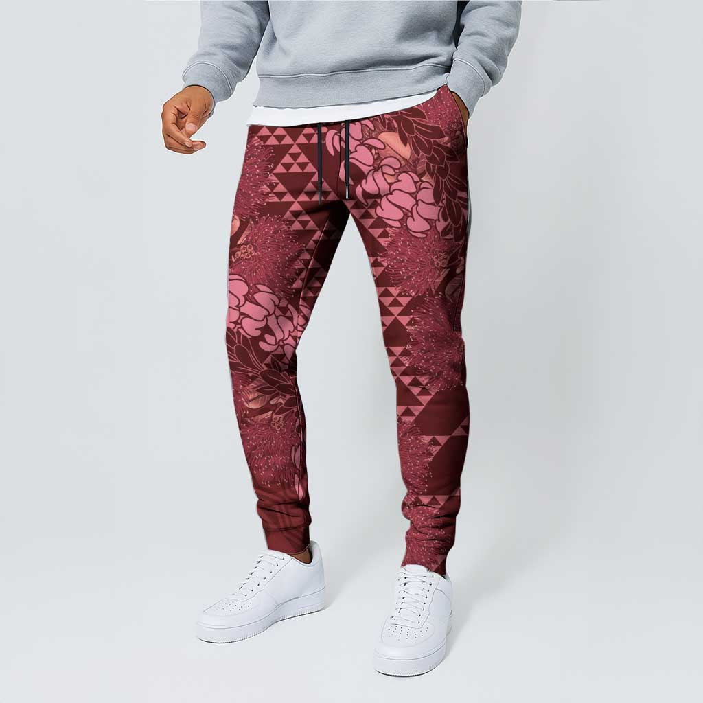 Maroon Aloha Hawaii Jogger Pants Hawaiian Kakau Ohia Lehua Lei - Polynesian Pride