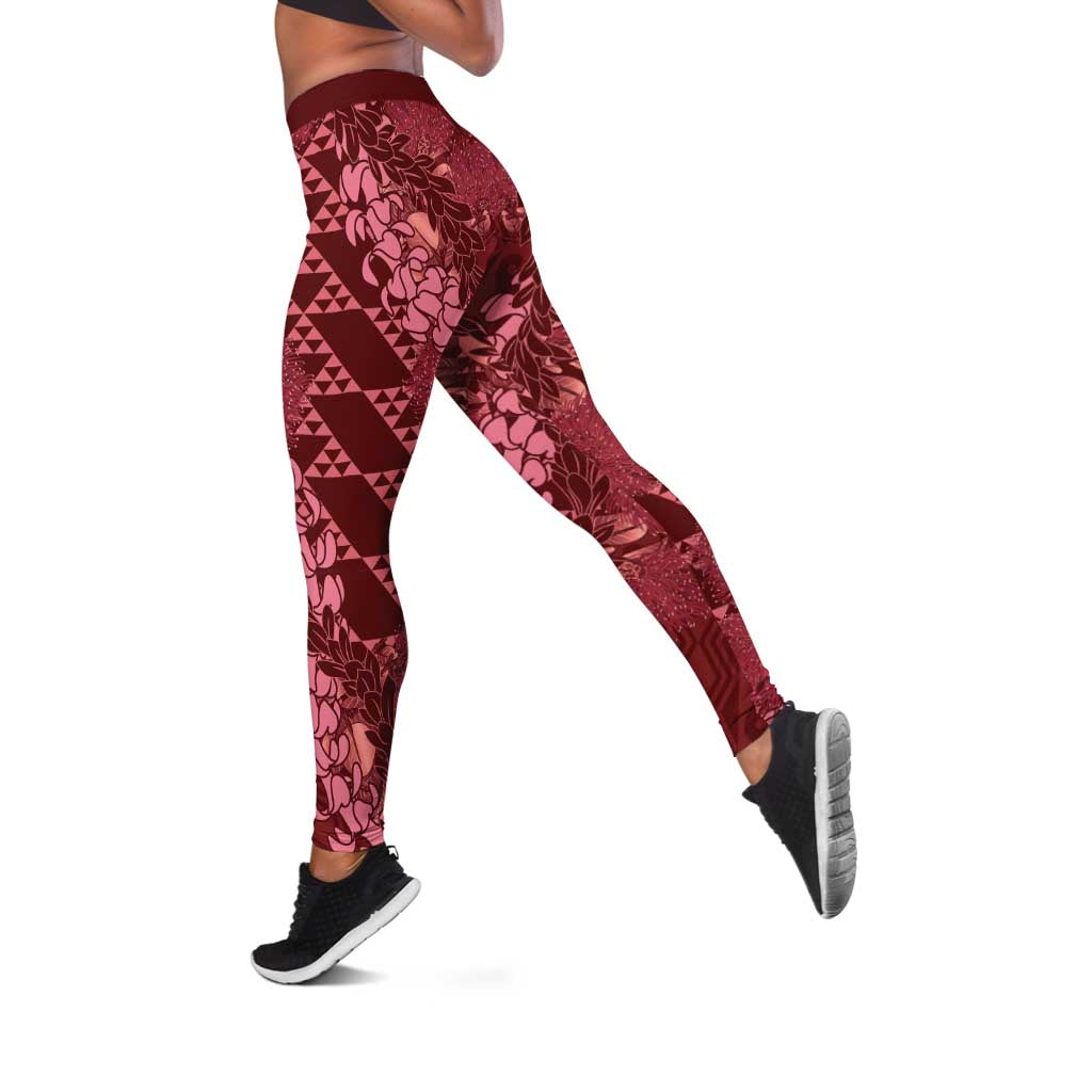Maroon Aloha Hawaii Leggings Hawaiian Kakau Ohia Lehua Lei - Polynesian Pride