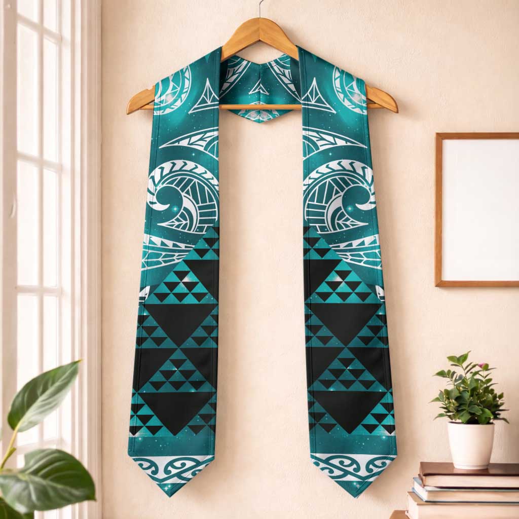 Matariki New Zealand Graduation Stole NZ Niho Taniwha Maori New Year Cyan Galaxy LT14 One Size Cyan - Polynesian Pride