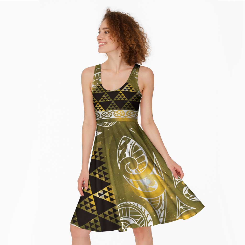 Matariki New Zealand Midi Dress NZ Niho Taniwha Maori New Year Yellow Galaxy