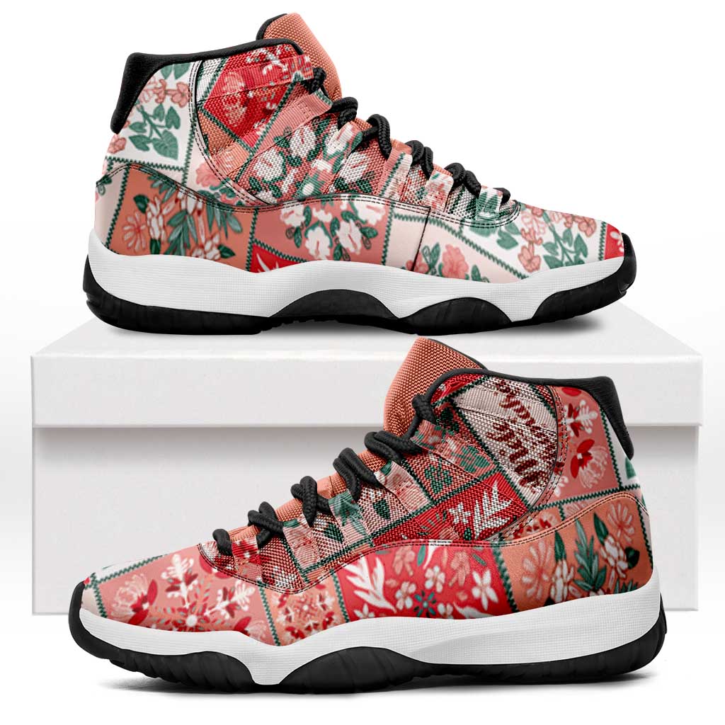Mele Kalikimaka Hawaii Christmas Sneakers J11 Ulaula Seamless Floral Motif - Polynesian Pride
