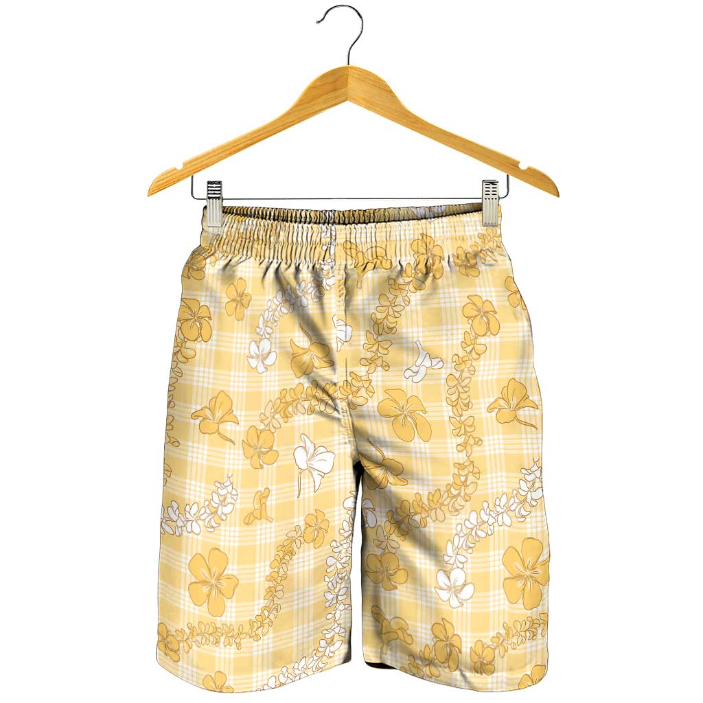 Melemele Aloha Hawaii Shorts for Men Plumeria Lei With Palaka Motif - Polynesian Pride
