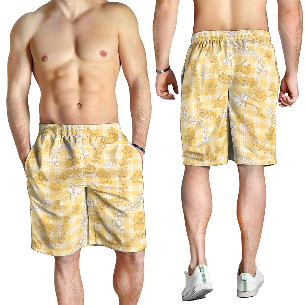Melemele Aloha Hawaii Shorts for Men Plumeria Lei With Palaka Motif - Polynesian Pride