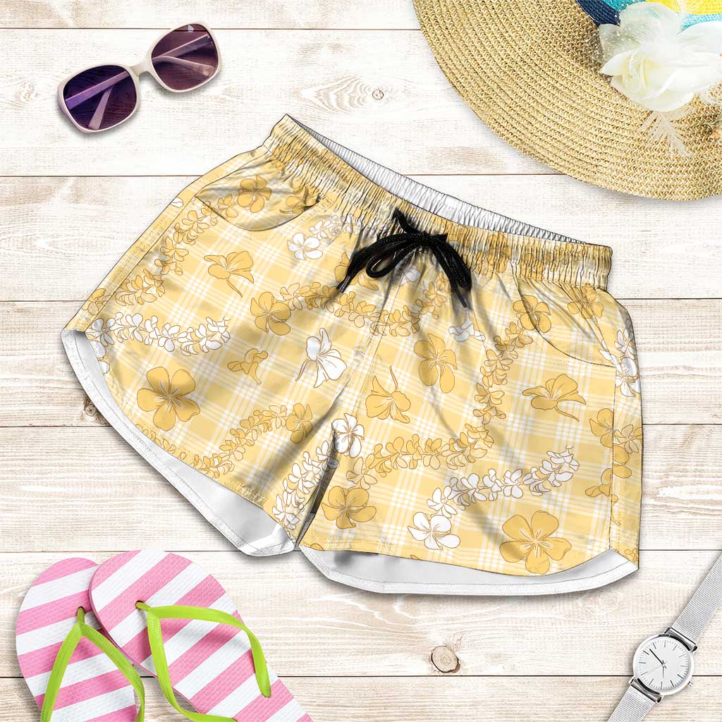 Melemele Aloha Hawaii Shorts for Women Plumeria Lei With Palaka Motif - Polynesian Pride