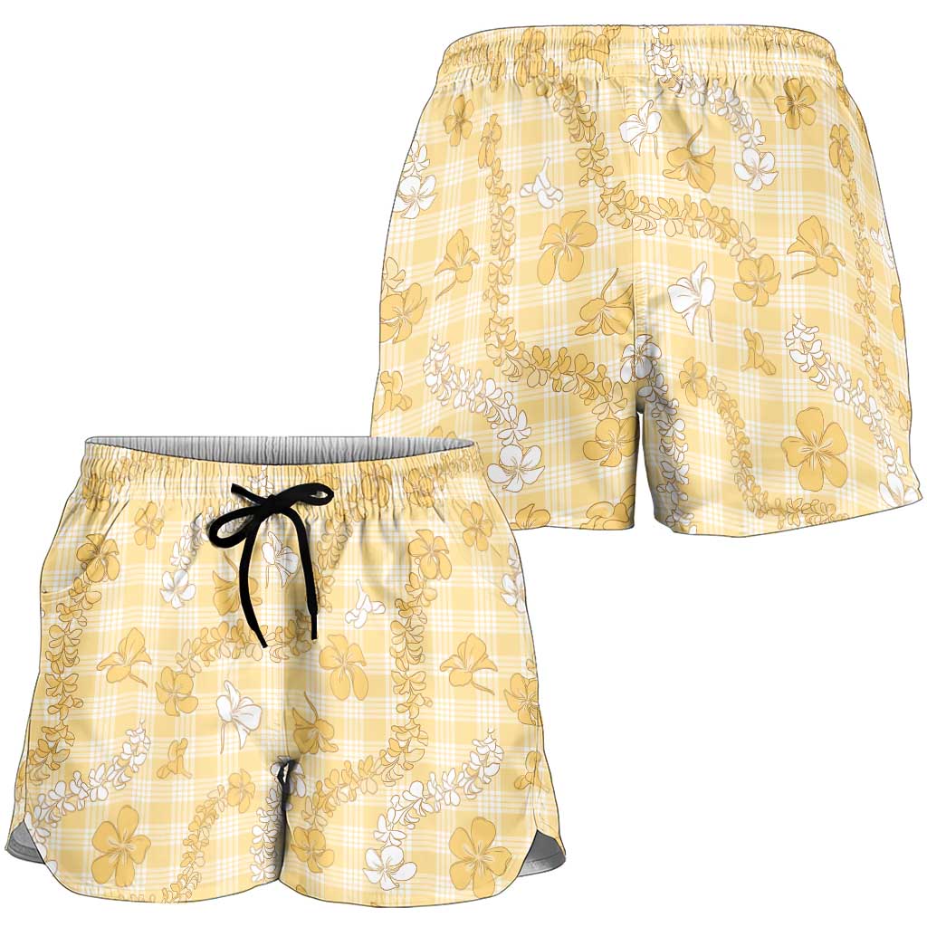 Melemele Aloha Hawaii Shorts for Women Plumeria Lei With Palaka Motif - Polynesian Pride
