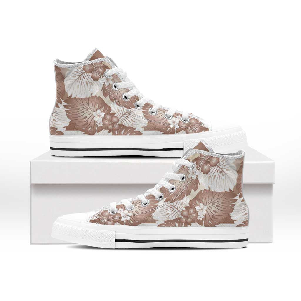 Mocha Mousse Aloha Hawaii High Top Shoes Monstera Hibiscus Plumeria Seamless Vibes - Polynesian Pride