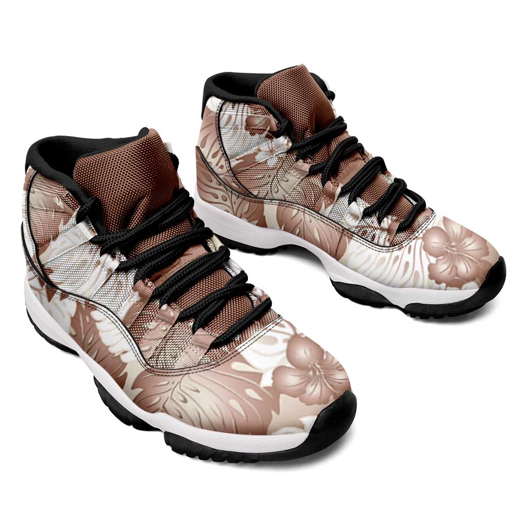 Mocha Mousse Aloha Hawaii Sneakers J11 Monstera Hibiscus Plumeria Seamless Vibes - Polynesian Pride