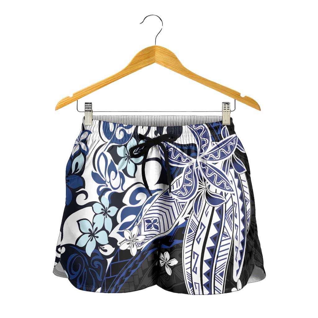 Monstera Plumeria Flowers Blue Shorts for Women Polynesian Pattern
