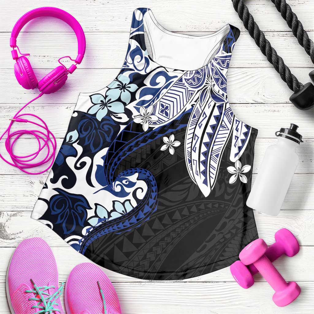 Monstera Plumeria Flowers Blue Women Racerback Tank Polynesian Pattern