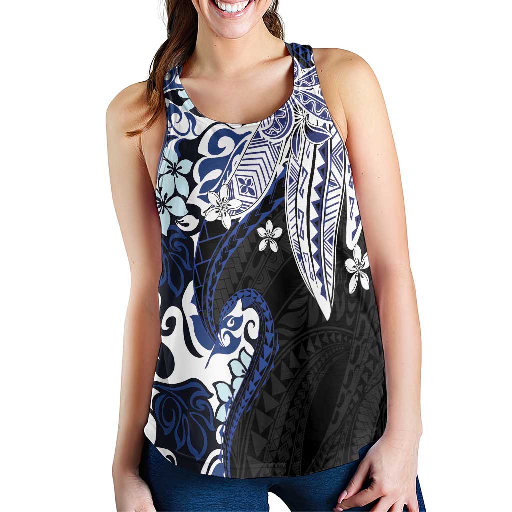 Monstera Plumeria Flowers Blue Women Racerback Tank Polynesian Pattern