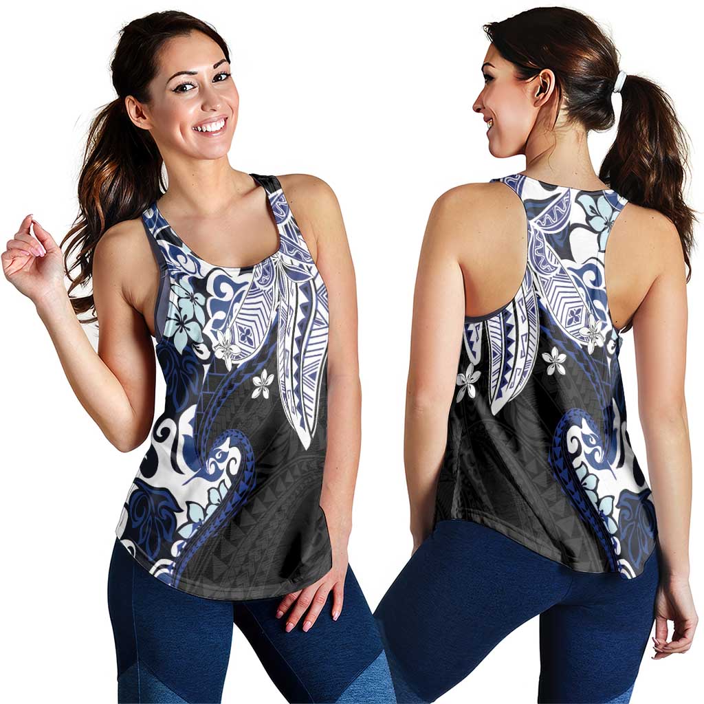 Monstera Plumeria Flowers Blue Women Racerback Tank Polynesian Pattern