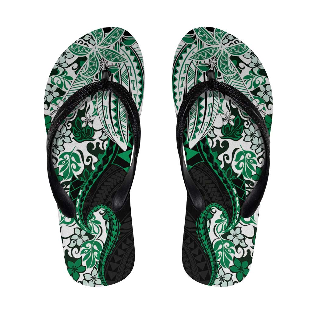 Monstera Plumeria Flowers Green Flip Flops Polynesian Pattern