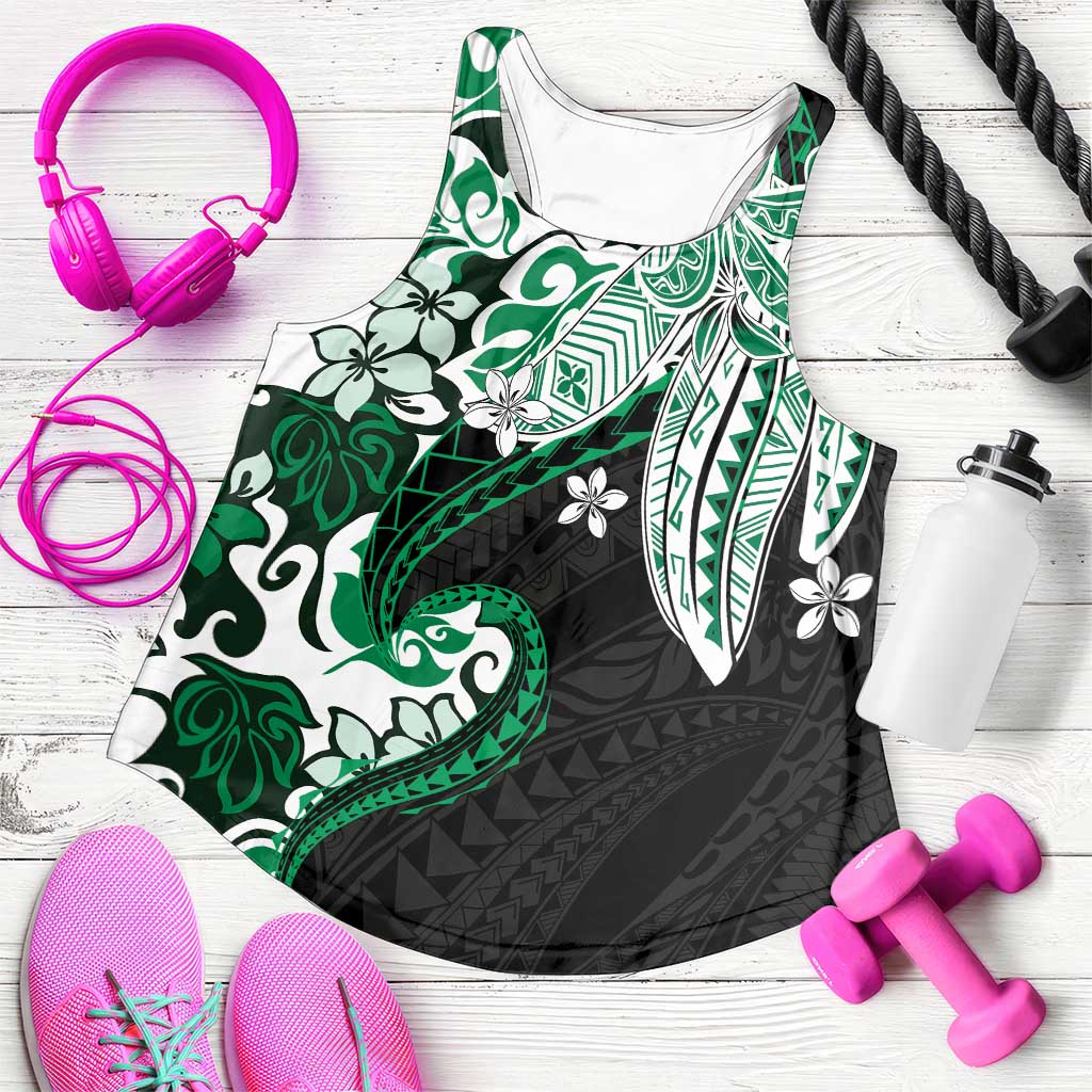 Monstera Plumeria Flowers Green Women Racerback Tank Polynesian Pattern