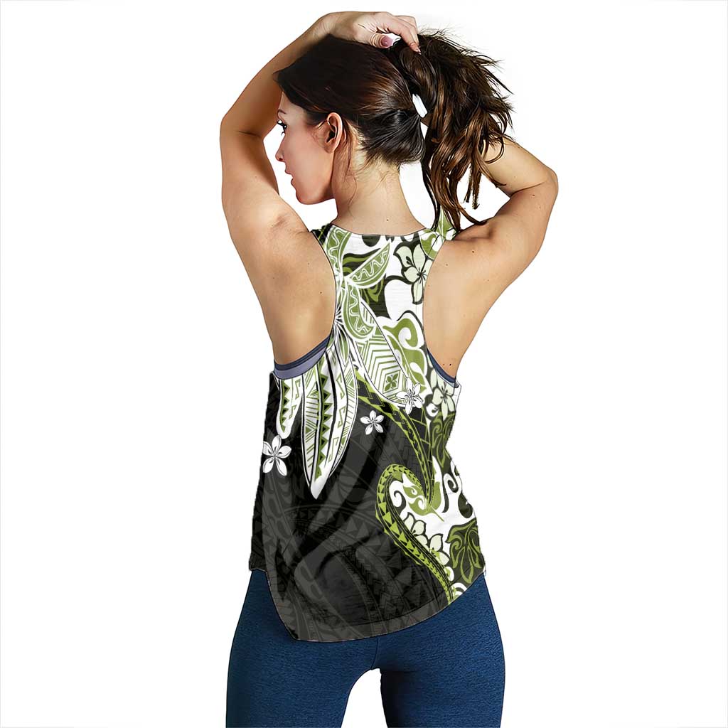 Monstera Plumeria Flowers Olive Green Women Racerback Tank Polynesian Pattern