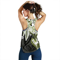 Monstera Plumeria Flowers Olive Green Women Racerback Tank Polynesian Pattern