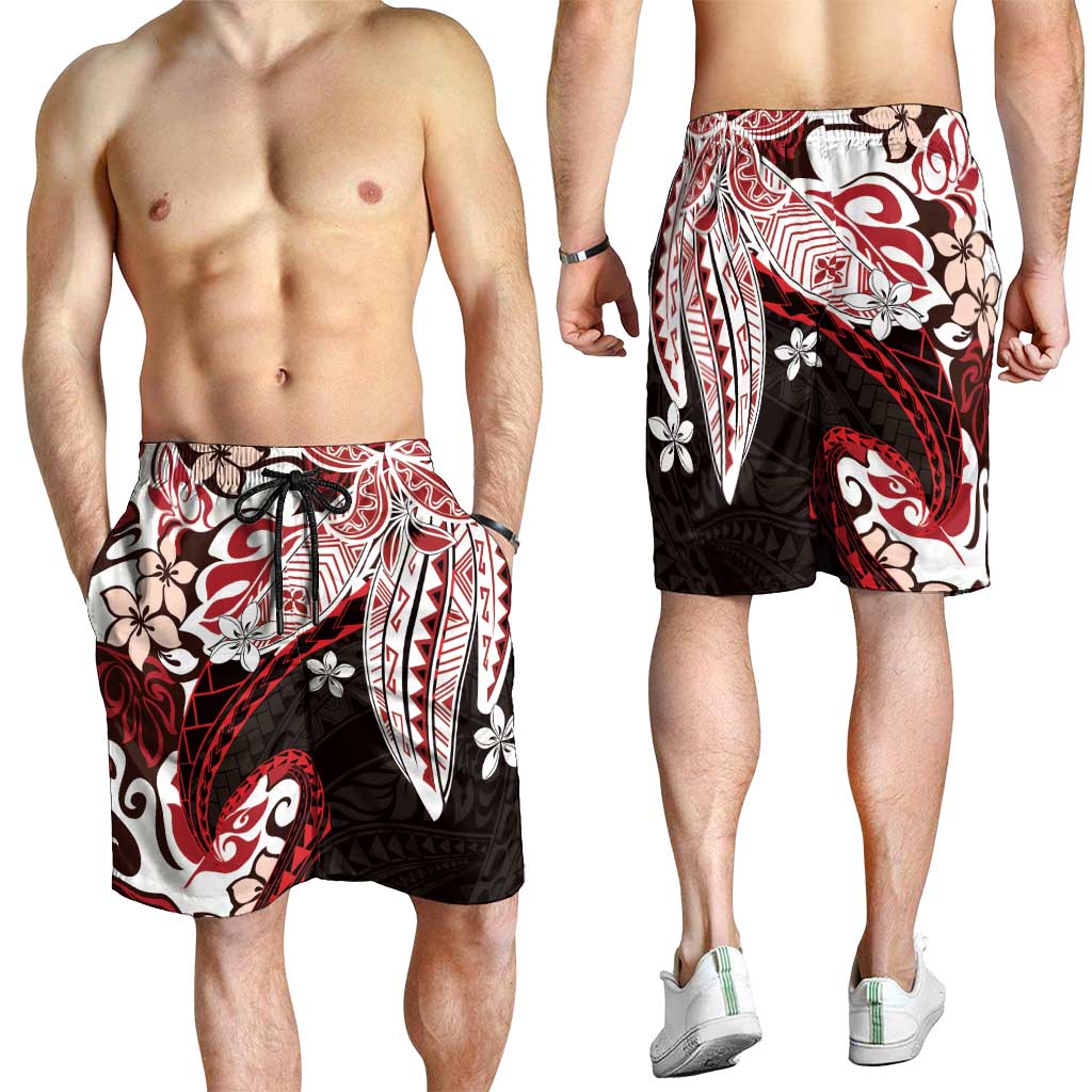 Monstera Plumeria Flowers Red Shorts for Men Polynesian Pattern