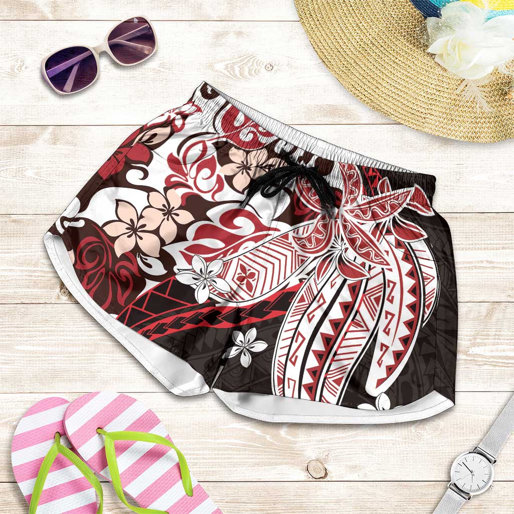 Monstera Plumeria Flowers Red Shorts for Women Polynesian Pattern