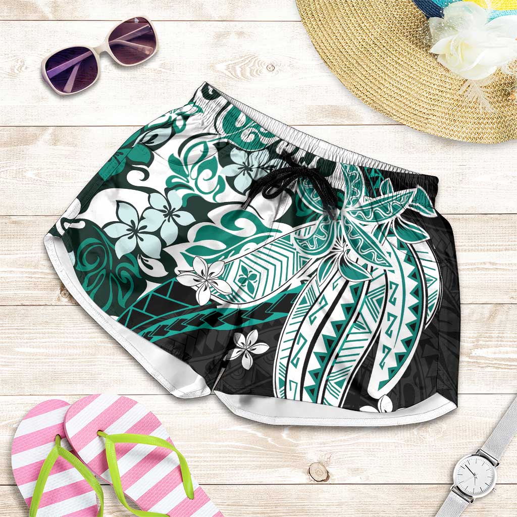 Monstera Plumeria Flowers Teal Shorts for Women Polynesian Pattern