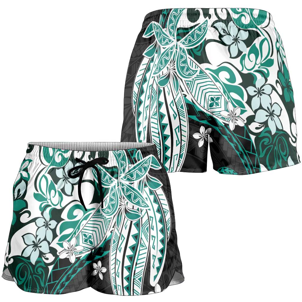 Monstera Plumeria Flowers Teal Shorts for Women Polynesian Pattern