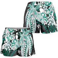 Monstera Plumeria Flowers Teal Shorts for Women Polynesian Pattern
