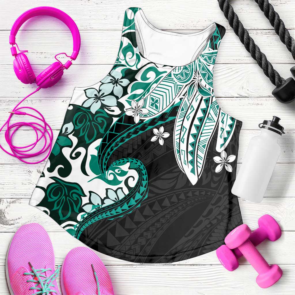 Monstera Plumeria Flowers Teal Women Racerback Tank Polynesian Pattern