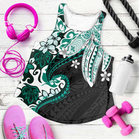 Monstera Plumeria Flowers Teal Women Racerback Tank Polynesian Pattern