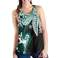 Monstera Plumeria Flowers Teal Women Racerback Tank Polynesian Pattern