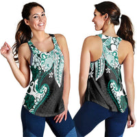 Monstera Plumeria Flowers Teal Women Racerback Tank Polynesian Pattern
