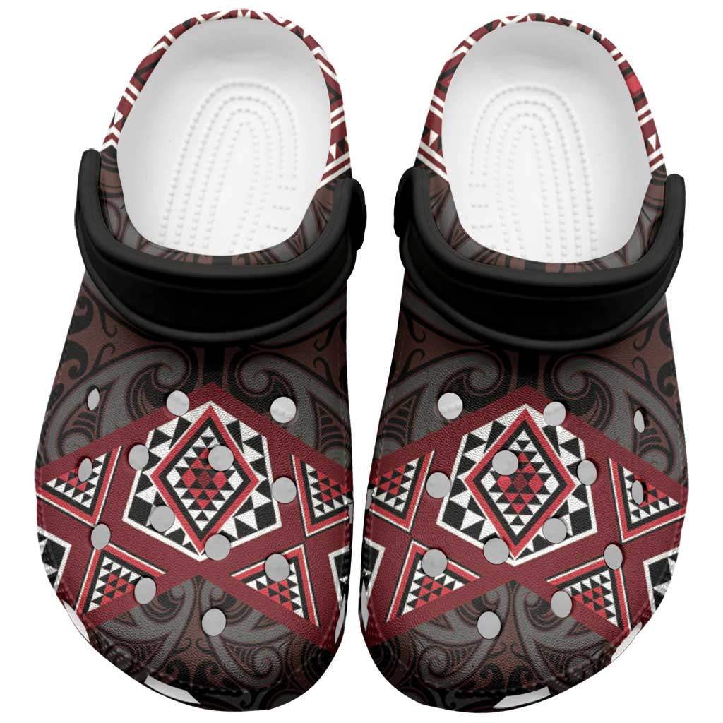 New Zealand Aotearoa Clogs Shoes Red Taniko Art Maori Pattern - Polynesian Pride