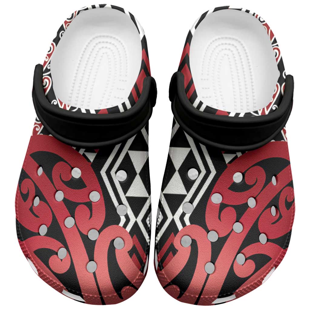 New Zealand Clogs Shoes Aotearoa Kowhaiwhai Mix Taniko Art - Red LT14 Red - Polynesian Pride