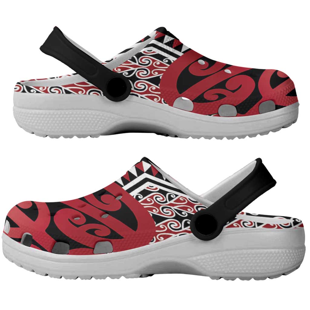 New Zealand Clogs Shoes Aotearoa Kowhaiwhai Mix Taniko Art - Red LT14 - Polynesian Pride
